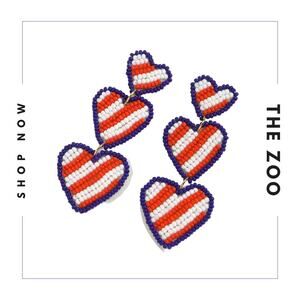 Beaded Earrings Red White‎ Blue Heart